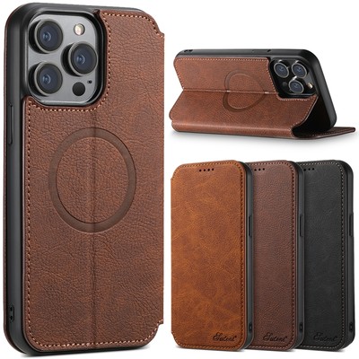 For iPhone 14 16 17Pro Max 15 12 Mag Safe Magnetic Leather Flip Card Holder Case