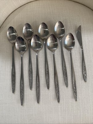 8 Iced Tea Spoons & Butter Knife Custom Craft CUS1 Rose Flower Stainless Taiwan