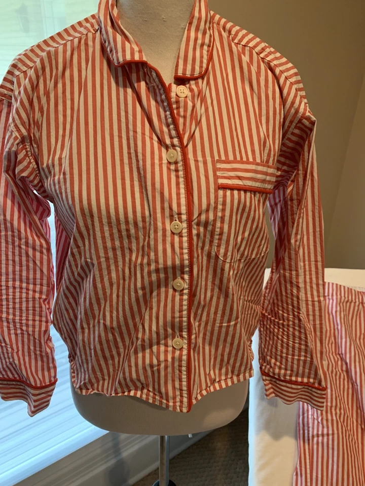 J Crew Conjunto Pijama XS 100% Algodón Tejido Rojo Blanco Rayas Mangas Largas Bolsillos Foto 2 de 4