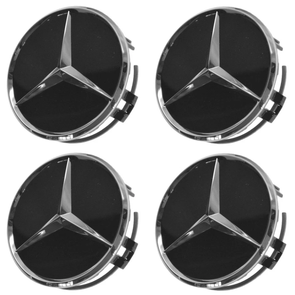 Juego de 4 tapacubos centrales de rueda cromados y negros elevados OEM para Mercedes Benz nuevos Foto 3 de 4