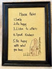 Hand-Stitched “House Rules” Needlepoint Wall Art – Framed 11x14 – Primitive Farm
