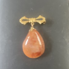 Vintage 1920?s Brown Agate Bow Brooch Gold Tone with Large Teardrop Stone