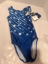 GK Girls' Blue Sleeveless Gymnastics Leotard Size AS w/ Matching Scrunchie
