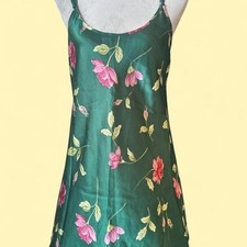 Oscar de la Renta Pink Label Emerald Green Floral Satin Chemise Slip Dress M