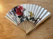 Vintage Wooden  Paper Handheld Fold Up Fan 16 X 10 Inches