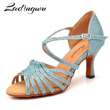 Women Salsa Dance Shoes Light Blue Latin Ballroom Party Soft Bottom High Heel