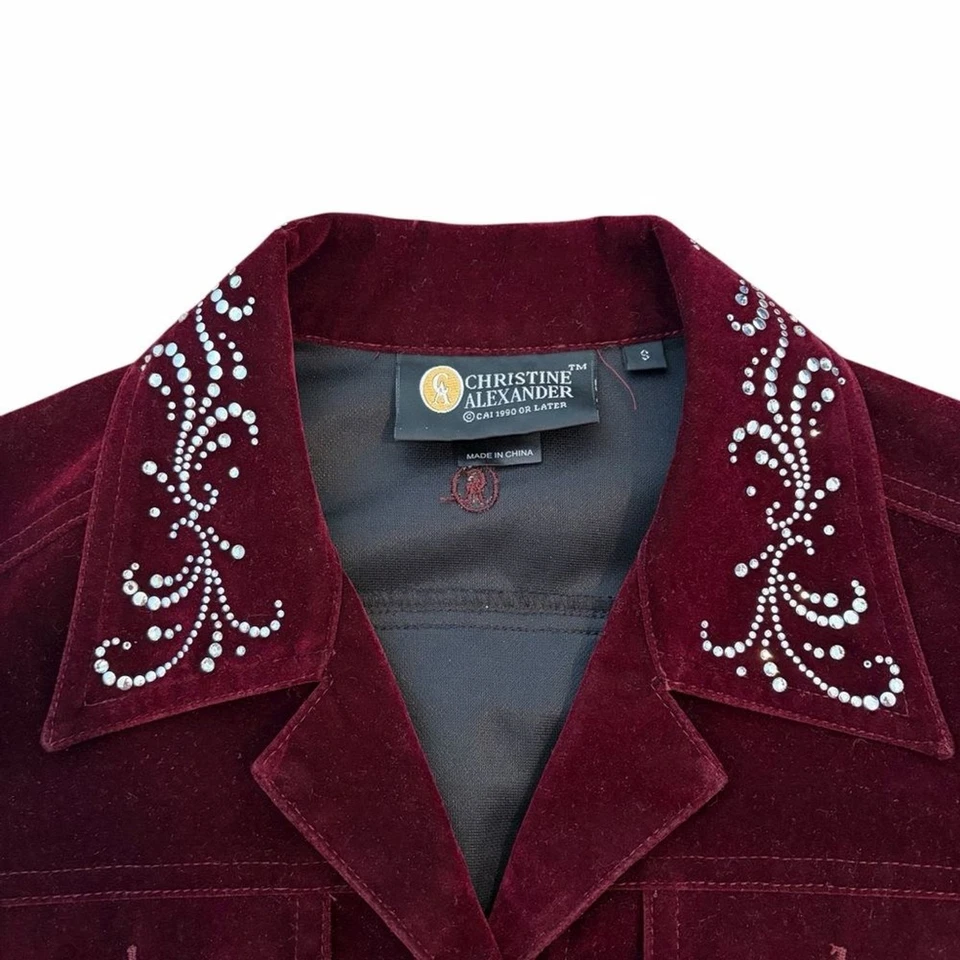 Christine Alexander Velvet Jacket Embroidered Velour Red Burgundy Holiday Small - Image 2 of 4