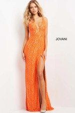 NWT Jovani 08674 Orange Nude Lace Plunging Neck Dress Size 0 Formal Prom Gown