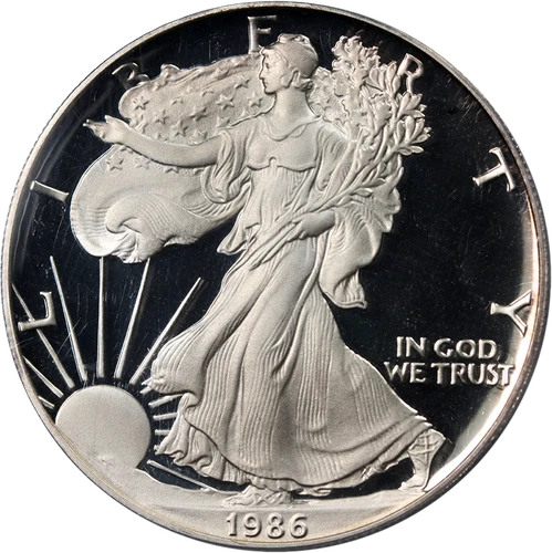 1986-S Silver American Eagle $1 PCGS PR70 DCAM Mercanti Autographed Label