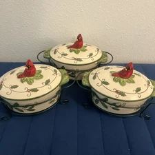 3  Temptations 9-oz Lidded Casserole Baker Wire Basket Christmas Cardinal Holly