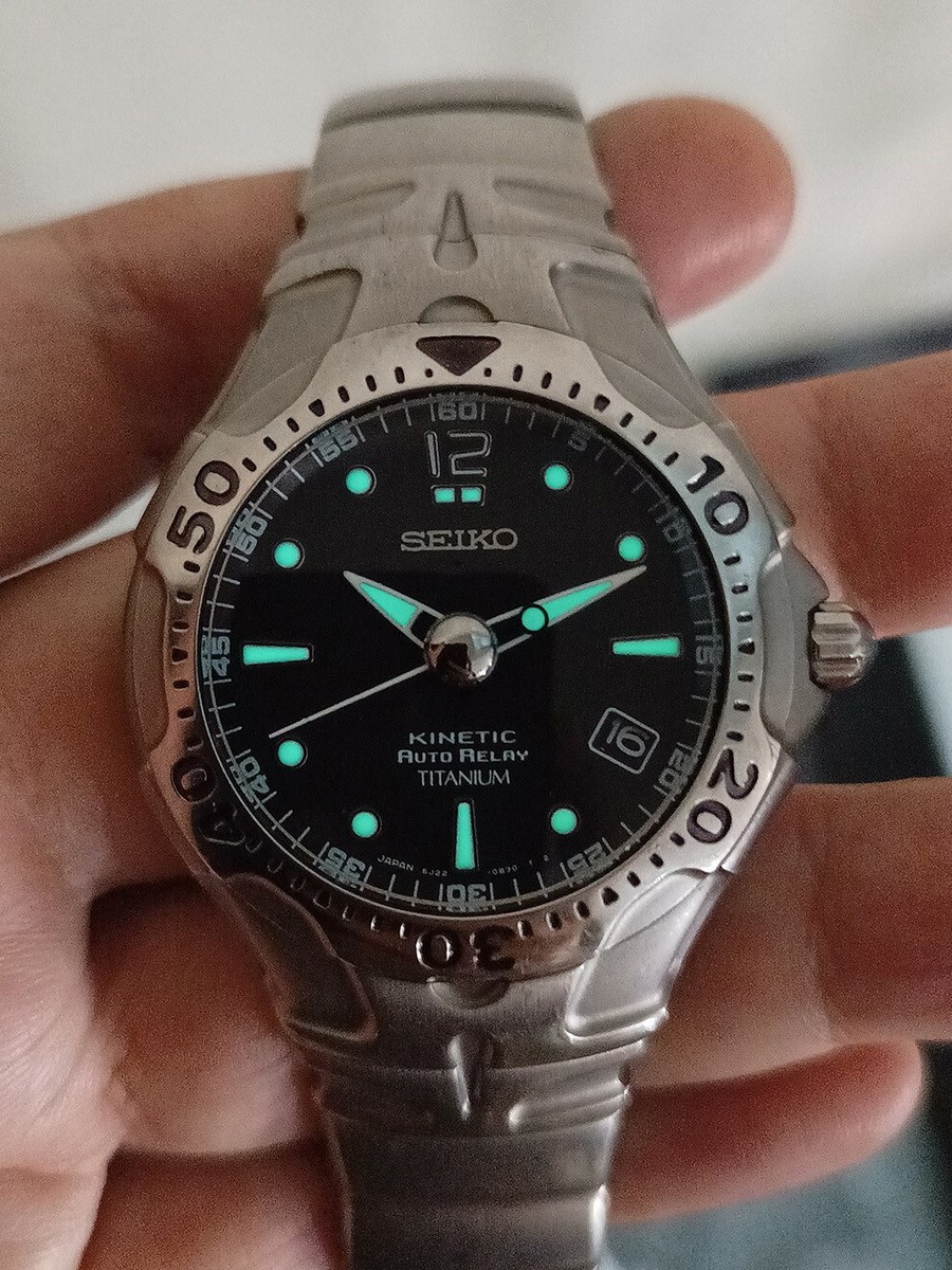 RARE SEIKO KINETIC AUTO RELAY 5J22-0B80 BLACK DIAL JAPAN TITANIUM