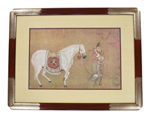 (2) Vintage Han Kan A Tribute of Horses Framed Chinese Silk Lithographs Print
