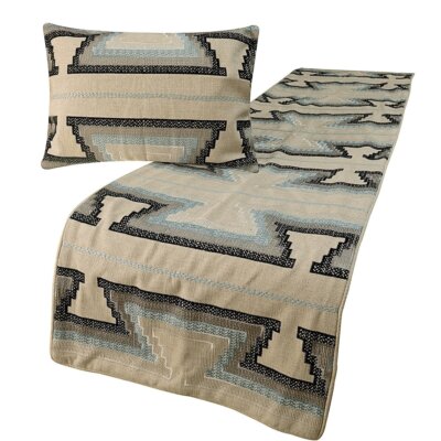 Decorative King Bed Runner Blue & Ivory, Embroidered Cotton - Aztec Armour