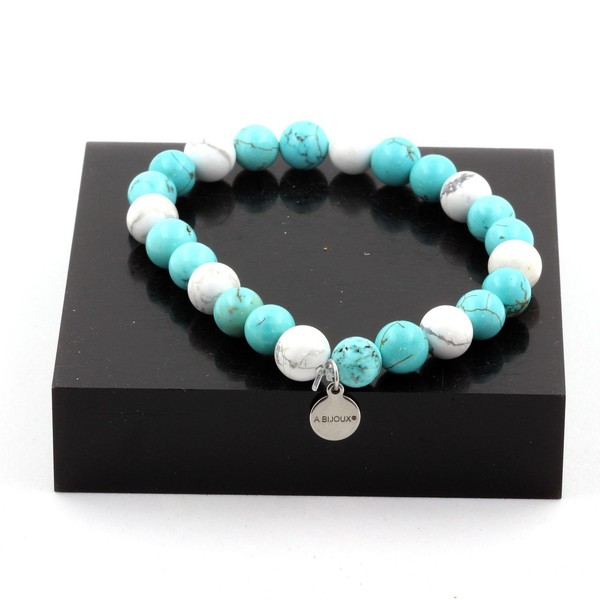 Armband Perlen Howlite Und TüRkis 8 Mm. Hergestellt In Frankreich.-image