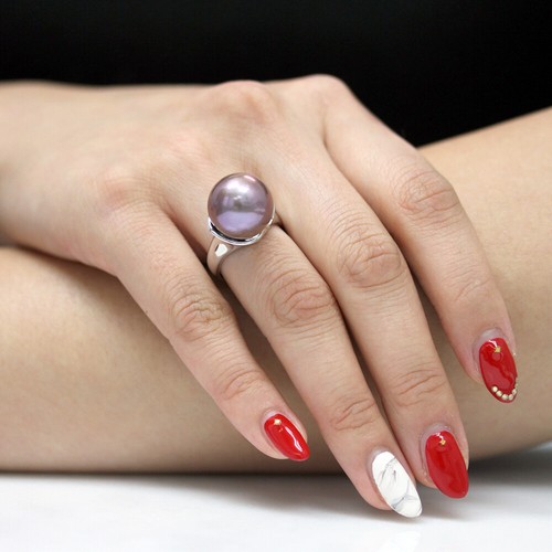 14K White Gold Freshwater Cultured 14mm Pearl Kasumiga Purple Semi Round Ring - Afbeelding 2 van 3