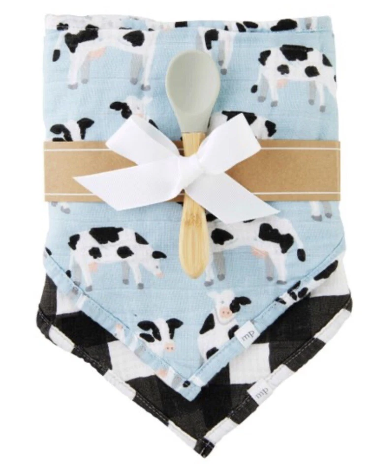 Juego de regalo babero y cuchara de muselina azul para bebé niño Mud Pie 3 piezas Foto 2 de 3