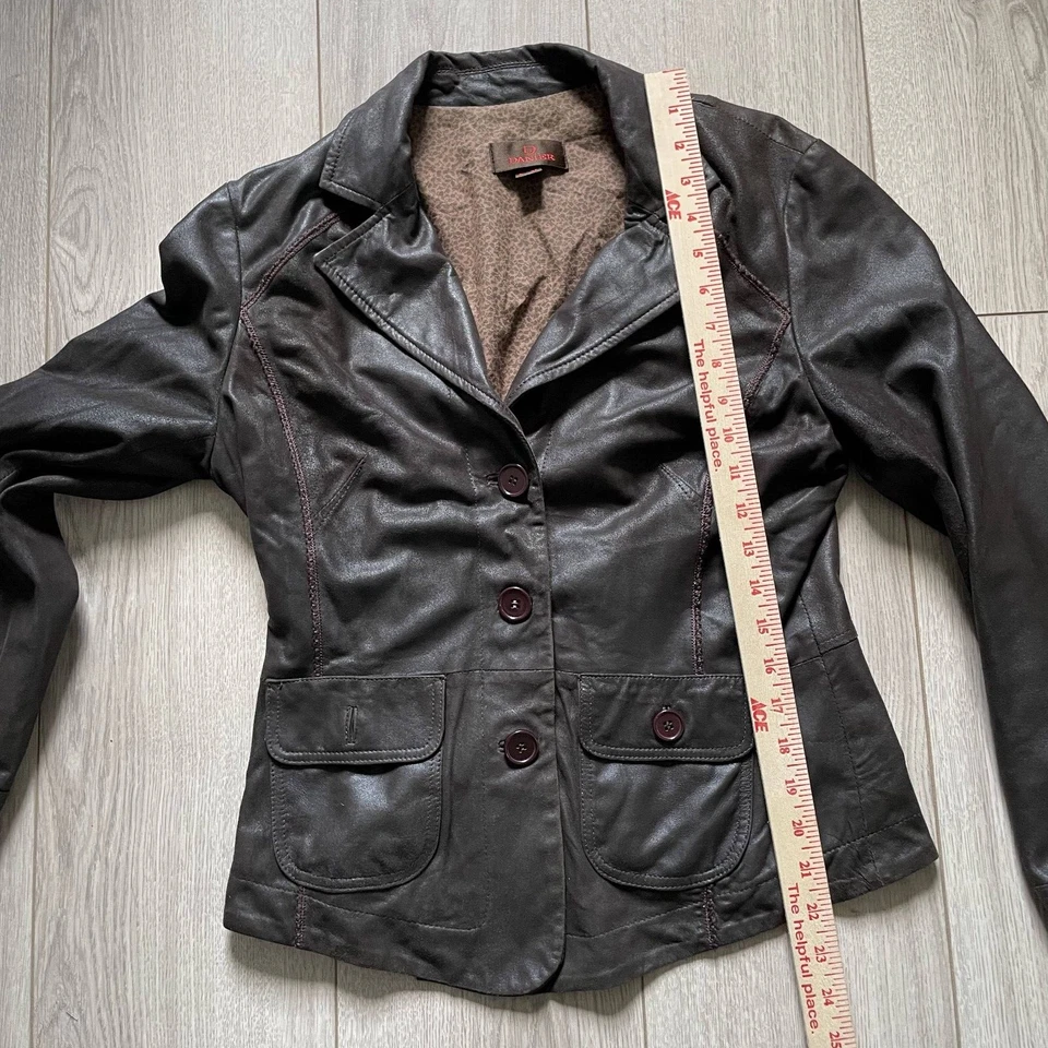 Blazer Danier Chaqueta de Cuero Para Mujer Marrón Talla S-P Botón Bolsillos Frontales Forrado Foto 2 de 4
