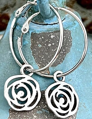 Silver Rose Charm Lever Back Hoops Dangle Bloom 