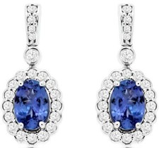PENDIENTES COLGANTES FLORES OVALADAS Y REDONDAS ORO BLANCO 14KT DIAMANTES Y TANZANITA DE 1,33 QUILATES