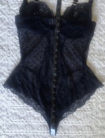 Dita Von Teese Navy Fiamma Bodysuit Swiss Dot & Scrollwork Lace 34D Cheeky Back