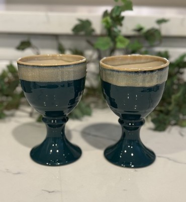 Set 2 Handcrafted Stoneware Art Pottery Ceramic Wine Goblets Chalices MINT
