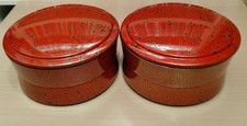 Vermilion Lacquered Lidded Bowls Set of 2 Tobikanna Pattern Japan
