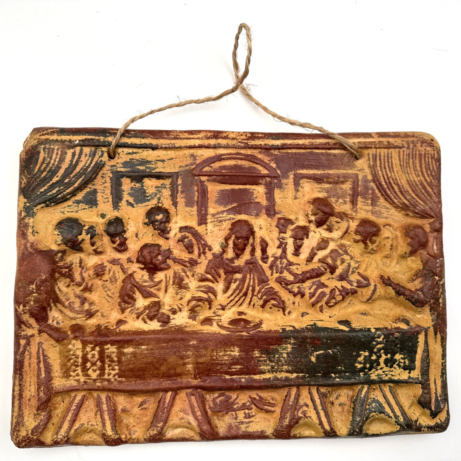 Vintage Terracotta Last Supper Wall Plaque Rustic Religious Clay Hanging 11.5"