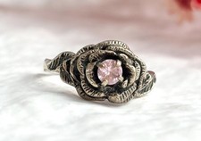 Rosebud Pink Rose Quartz Accented Sterling Silver 925 Vintage Ring - sz 6.5