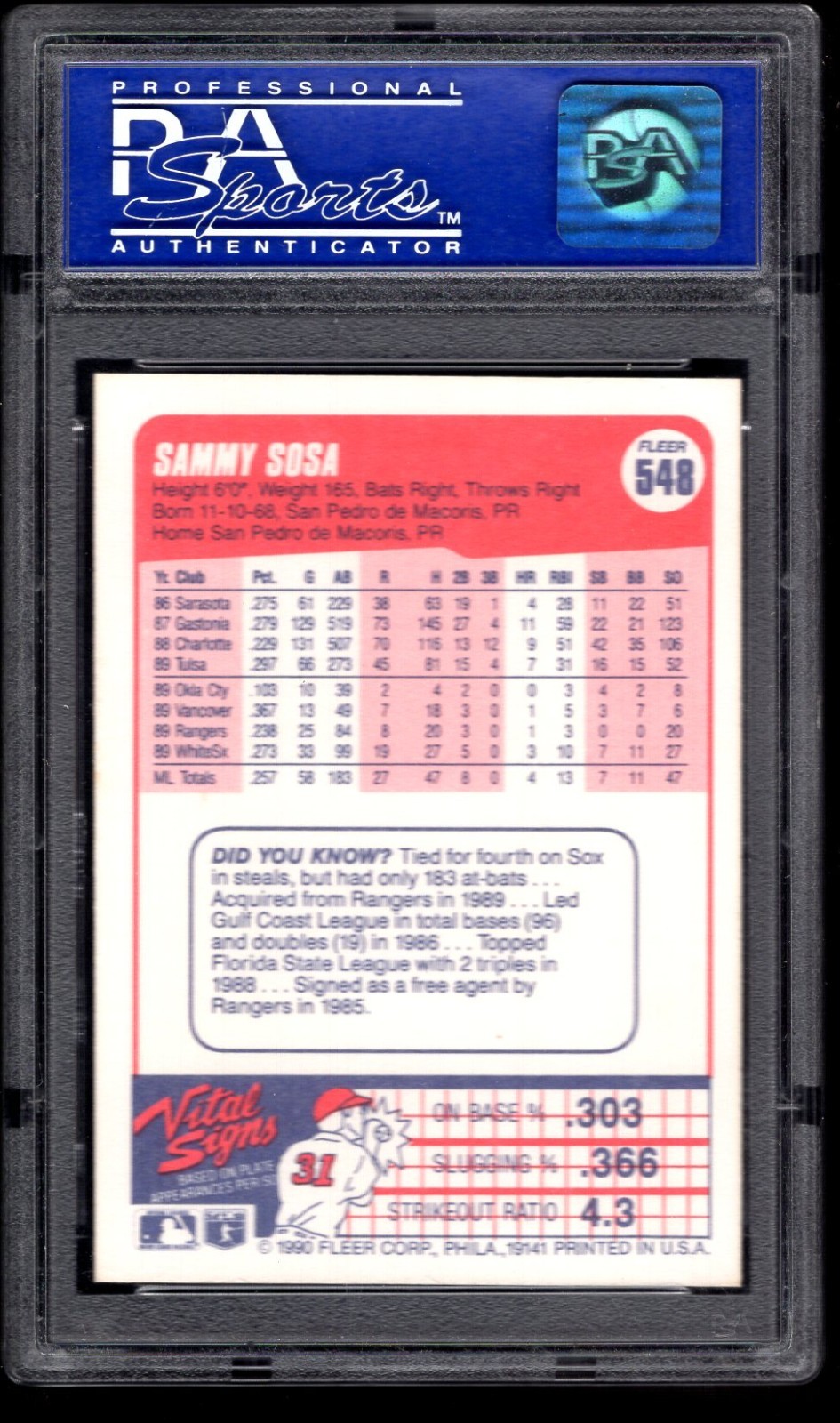 1990 FLEER #548 SAMMY SOSA RC PSA 9 WHITE SOX CUBS 04200114 view 2