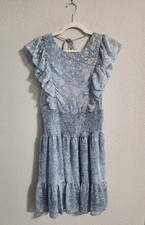Michael Kors Blue & Gold Paisley-Print Smocked Mini dress Flutter Sleeves small