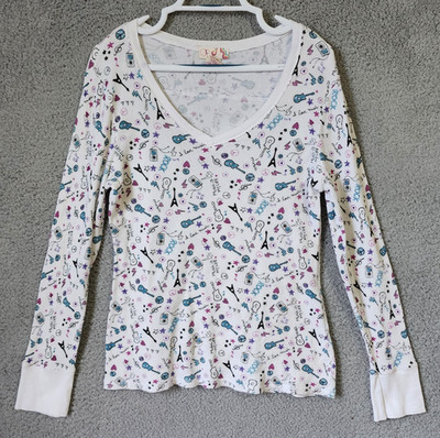 Vtg Y2K OP Ocean Pacific V Neck Long Sleeve Waffle Knit Top Music Scene Emo XXL