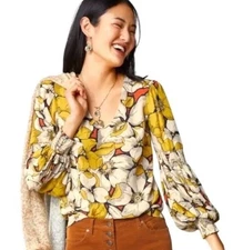 Cabi Size M Mustard Orange Floral Long Fitted Cuff Sleeve Sequel Blouse 3954 Top