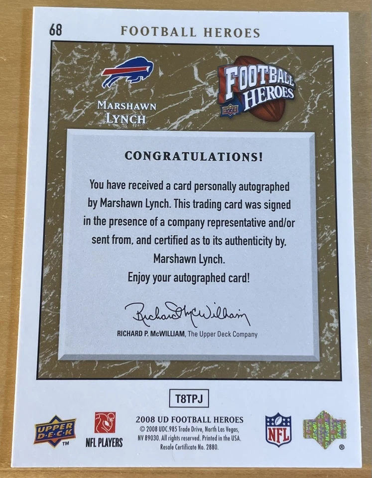 MARSHAWN LYNCH 2008 UPPER DECK FOOTBALL HEROS ON CARD AUTO /25 BUFFALO BILLS #68 - Image 2 of 2