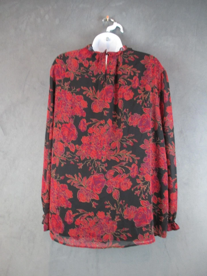 Blusa Anne Klein Mujer 3X Negra Roja Floral Volantes Cuello Manga Larga Top Transparente Foto 4 de 4