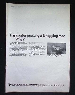Original 1967 Werbung Hawker Siddeley Aviation Trident Flugzeug