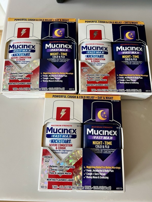 LOT (3) MUCINEX FAST MAX SEVERE COLD & FLU KICKSTART & NIGHTTIME LIQUID EXP 5/27