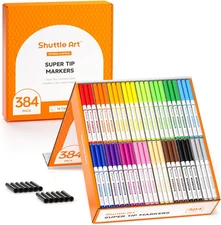 Shuttle Art 384 Pack Washable Super Tips Markers, 16 Assorted Colors Conical Tip