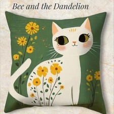 Cute White Cartoon Cat With Yellow Daisies Fun Cushion COVER 45cms x 45cms