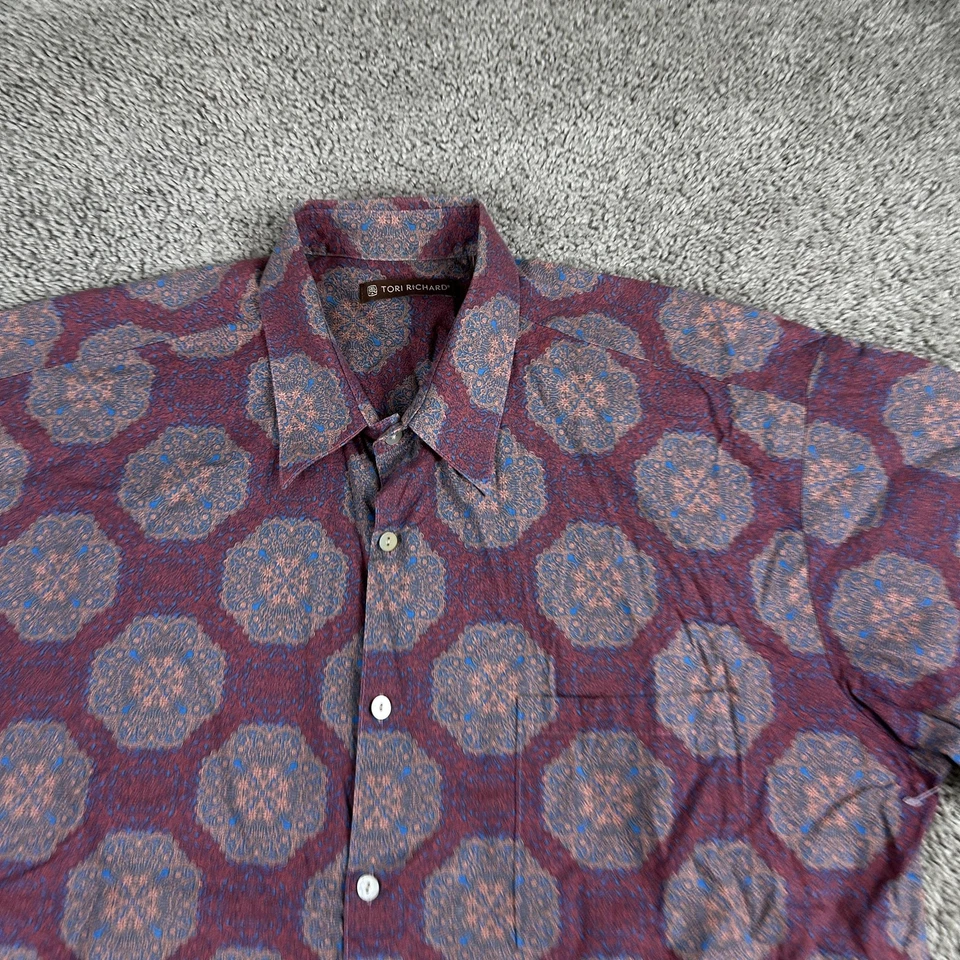 Camisa Hawaiana Tori Richard Para Hombres XL Azul Borgoña Medallón Algodón Césped Hecha en EE. UU. Foto 3 de 4