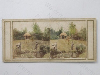 Men Fishing Pond Thatched Huts Hand-Tinted Stereoview c1850s