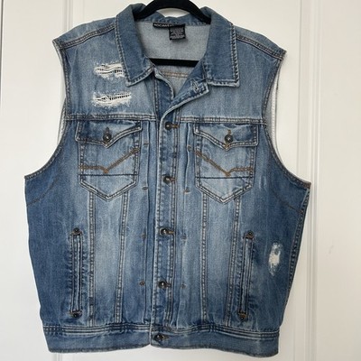 Roca Wear VEST Men s 44 DENIM DISTRESSED MOTORCYCLE BIKER STREET Y2K 90s GRUNGE