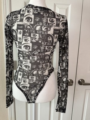 Rue 21 Sheer Mesh Bodysuit Open Eyes Graphic Print Size Small