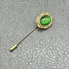 Gold Tone Green Cat Eye Cabochon Stick Pin Lapel Hat Brooch Costume 2.75 Inch