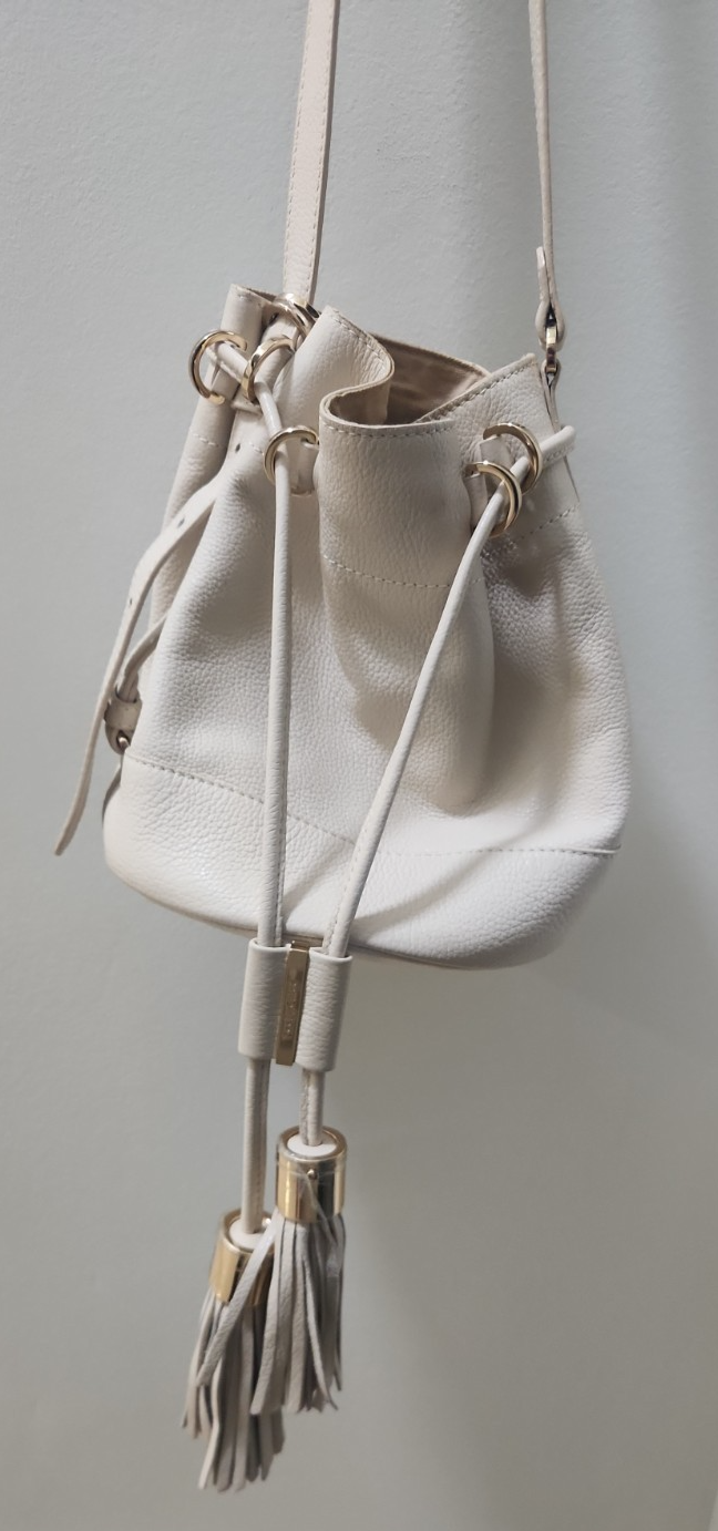 See By Chloe Cream Leather Drawstring Tassel Bucket Shoulder Crossbody Bag Purse