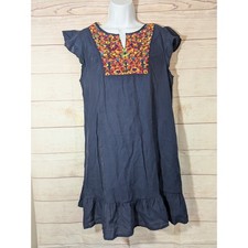Embroidered Women's Dark Blue V Neck Dress Size Medium