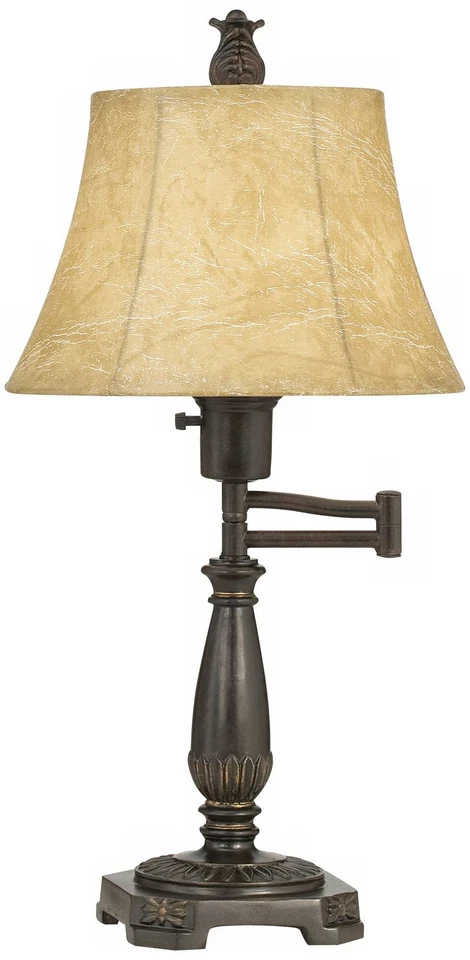 Traditional Table Lamp Swing Arm Bronze Bell Leather Shade for Living Room - Image 2 of 4