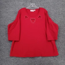 Quacker Factory Top Womens 2X Plus Red 3/4 Sleeve Rhinestone Pullover Blouse
