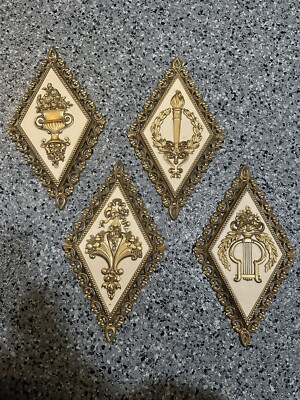 VTG SET OF 4 HOMCO GOLD DIAMOND SHAPED WALL PLAQUES ORNATE MCM SYROCO #7224-7227