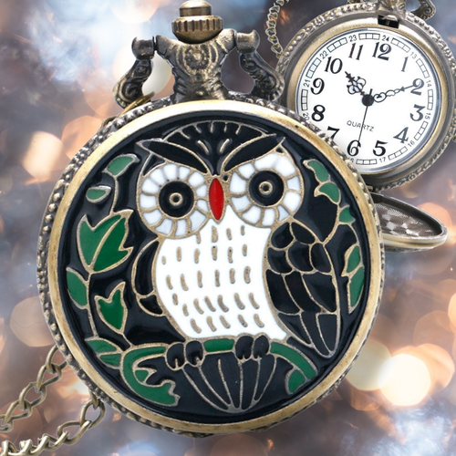 Owl Watch Pendant NEW Black Enamel Metal Pocket Watch Necklace - Afbeelding 1 van 5