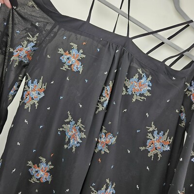 RO AND DE Embroidered Blouse Womens L Sheer Cold Shoulder Flowing Balloon Sleeve